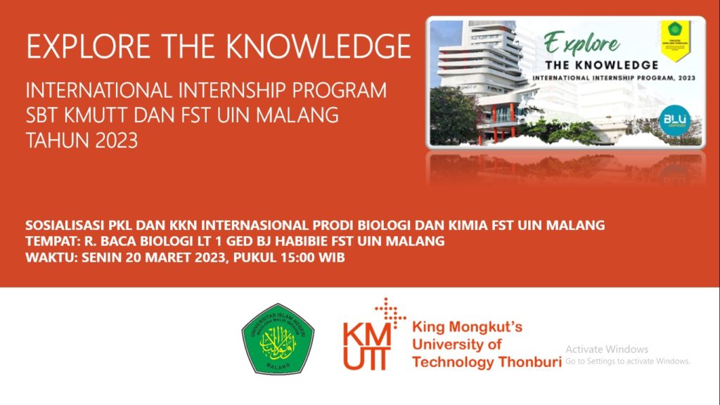 Sosialisasi Kegiatan International Intership Program SBT KMUTT dan FST UIN Malang Tahun 2023