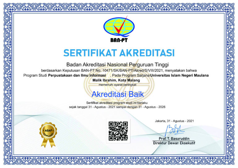 Sertifikat Akreditasi Perpustakaan dan Sains Informasi - UIN Maulana Malik Ibrahim