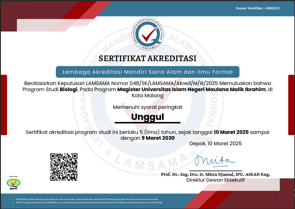 Sertifikat Akreditasi Magister Biologi- UIN Maulana Malik Ibrahim